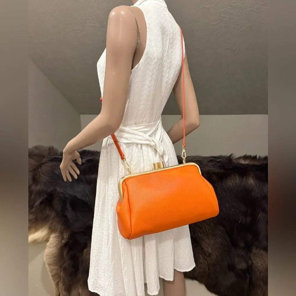 Orange Premium Pebble Cowhide Handmade Large Kiss Lock Handbag/ Multi Use Style
